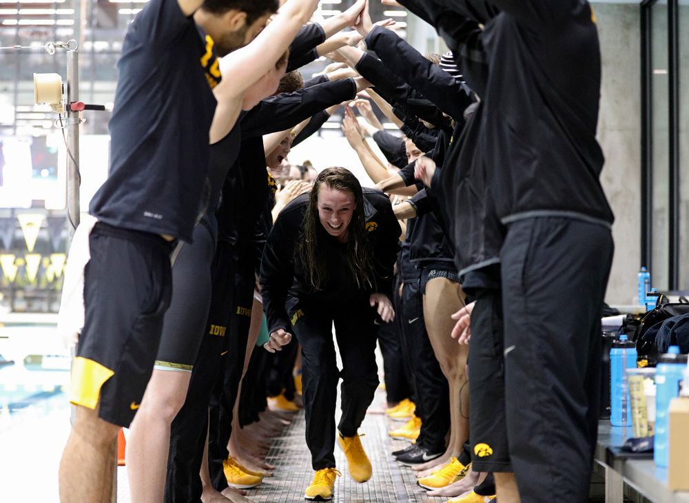 Iowa’s Allyssa Fluit is honored on senior day before their meet at the Campus Recreation and Wellness Center in Iowa City on Friday, February 7, 2020. (Stephen Mally/hawkeyesports.com)