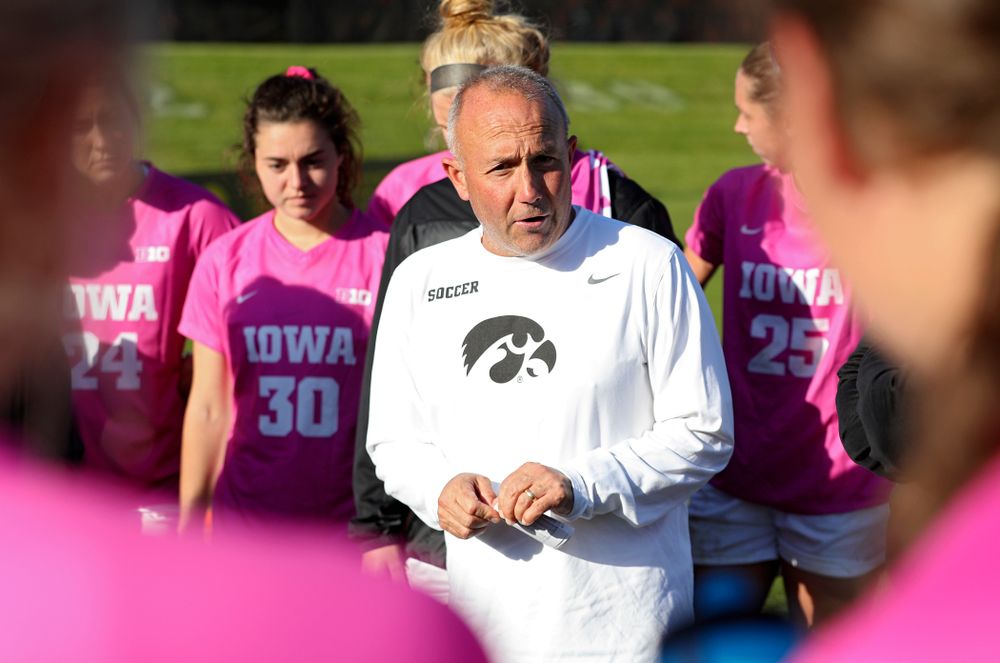 Iowa head coach Dave DiIanni talks with his team after winning their match in double overtime at the Iowa Soccer Complex in Iowa City on Sunday, Oct 27, 2019. (Stephen Mally/hawkeyesports.com)