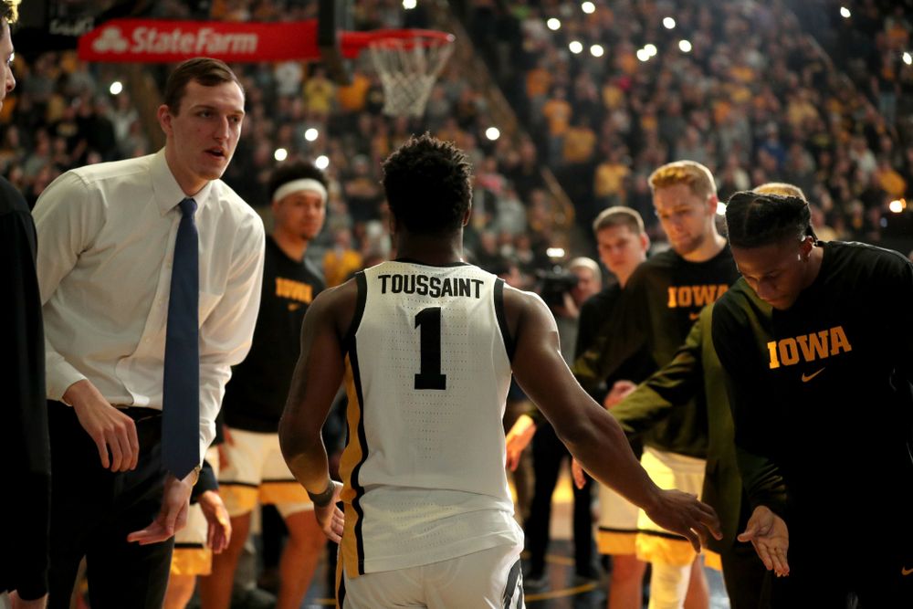 Iowa Hawkeyes guard Joe Toussaint (1) is introduced before their game against Penn State Saturday, February 29, 2020 at Carver-Hawkeye Arena. (Brian Ray/hawkeyesports.com)