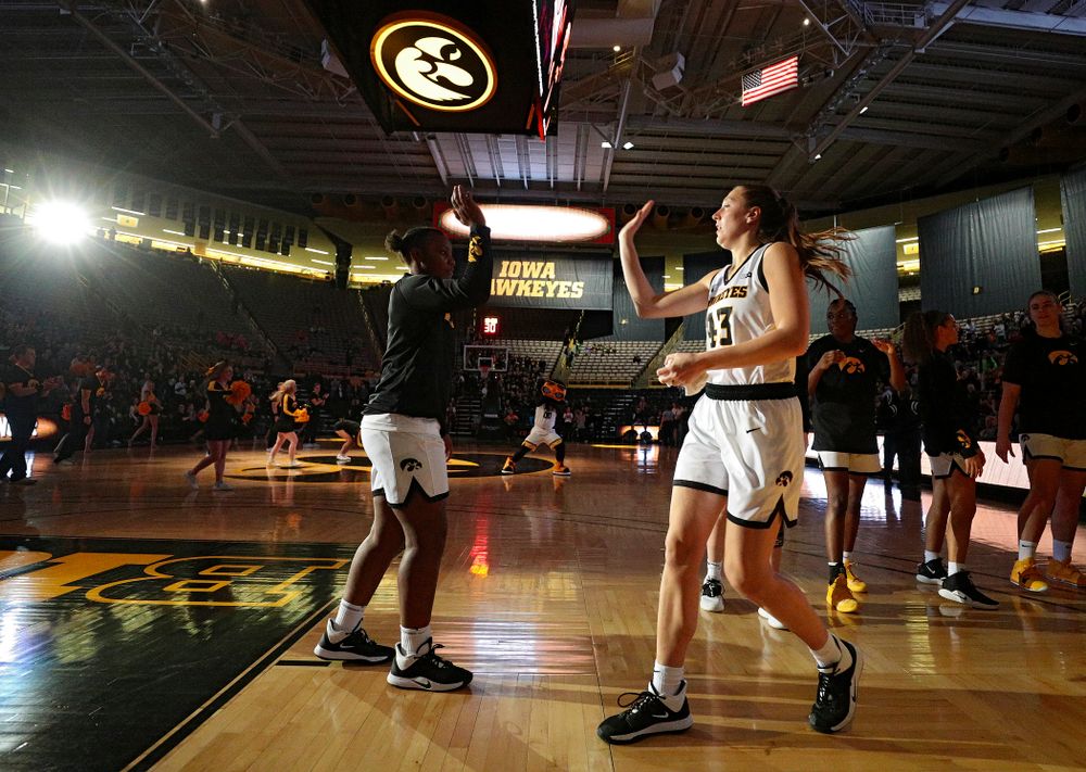 Iowa forward Amanda Ollinger (43) is introduced before their overtime win against Princeton at Carver-Hawkeye Arena in Iowa City on Wednesday, Nov 20, 2019. (Stephen Mally/hawkeyesports.com)