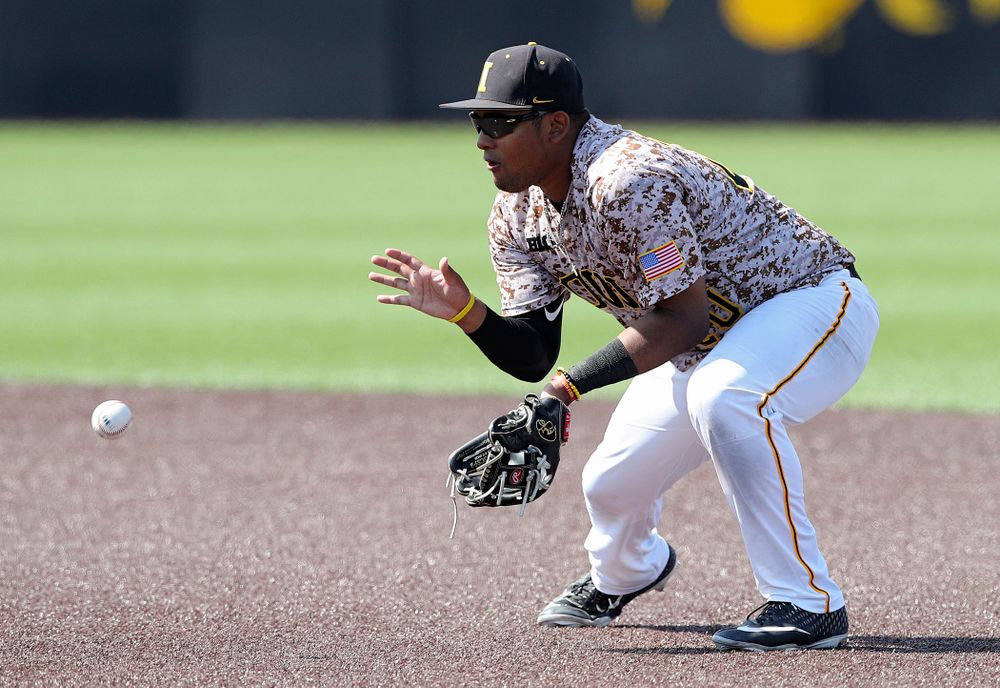 Iowa Hawkeyes second baseman Izaya Fullard (20) fields a ground ball during the sixth inning of their game against UC Irvine at Duane Banks Field in Iowa City on Sunday, May. 5, 2019. (Stephen Mally/hawkeyesports.com)