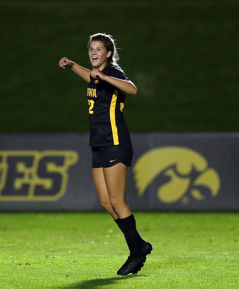 Iowa Hawkeyes forward Gianna Gourley (32) celebrates after scoring against the Nebraska Cornhuskers Thursday, October 3, 2019 at the Iowa Soccer Complex. (Brian Ray/hawkeyesports.com)