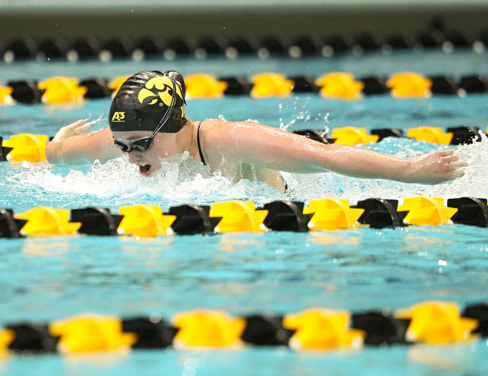 Iowa’s Kelsey Drake swims the women’s 200-yard butterfly event during their meet against Michigan State and Northern Iowa at the Campus Recreation and Wellness Center in Iowa City on Friday, Oct 4, 2019. (Stephen Mally/hawkeyesports.com)
