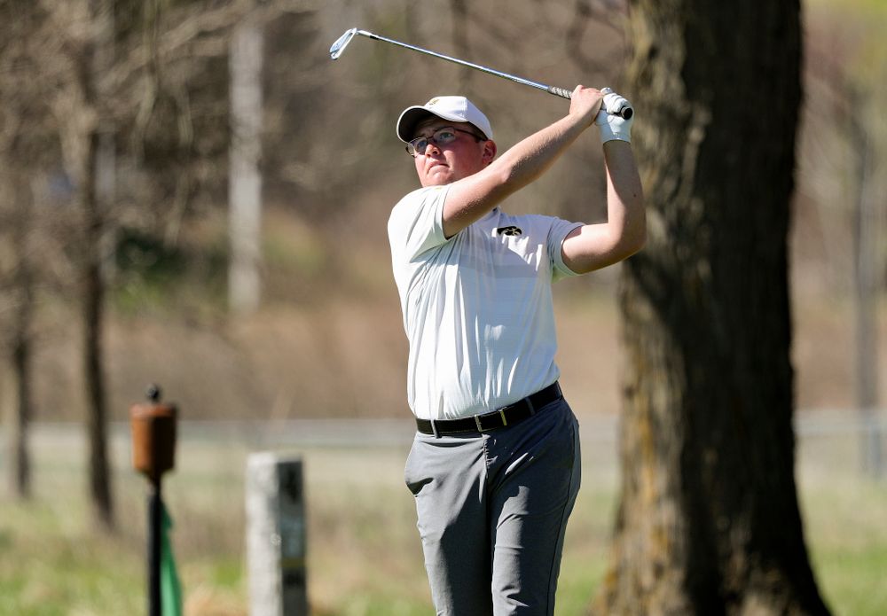 Iowa's Matthew Walker tees off during the first round of the Hawkeye Invitational at Finkbine Golf Course in Iowa City on Saturday, Apr. 20, 2019. (Stephen Mally/hawkeyesports.com)