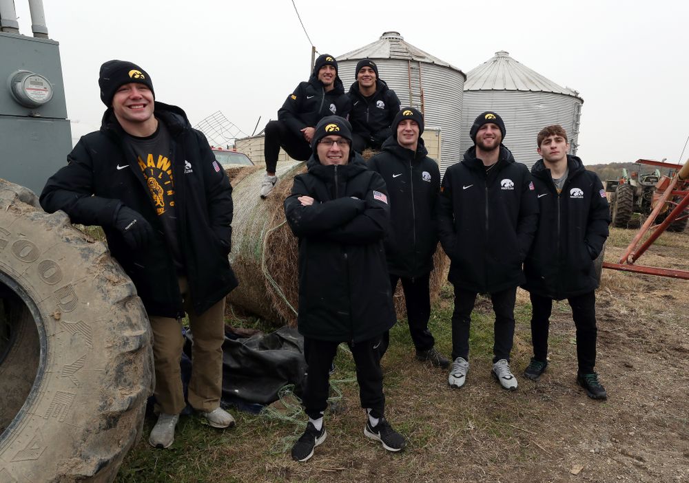 All Americans Jacob Warner, Spencer Lee, Michael Kemerer, Pat Lugo, Alex Marinelli, Austin DeSanto, and Kaleb Young pose for a photo during the teamÕs annual media day Wednesday, October 30, 2019 at Kroul Family Farms in Mount Vernon. (Brian Ray/hawkeyesports.com)