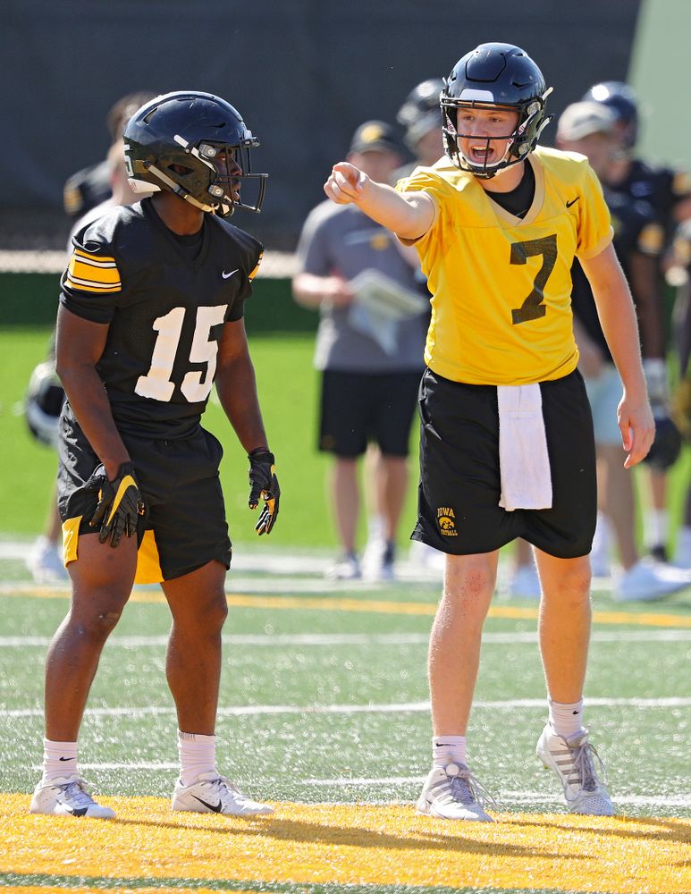 Iowa Hawkeyes quarterback Spencer Petras (7) shouts at the line as running back Tyler Goodson (15) looks on during Fall Camp Practice No. 13 at the Hansen Football Performance Center in Iowa City on Friday, Aug 16, 2019. (Stephen Mally/hawkeyesports.com)