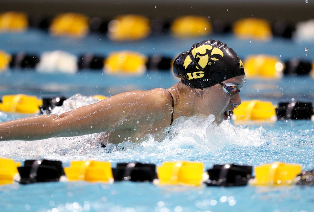 IowaÕs Christina Kaufman competes in the 200 yard butterfly against Notre Dame and Illinois Saturday, January 11, 2020 at the Campus Recreation and Wellness Center.  (Brian Ray/hawkeyesports.com)