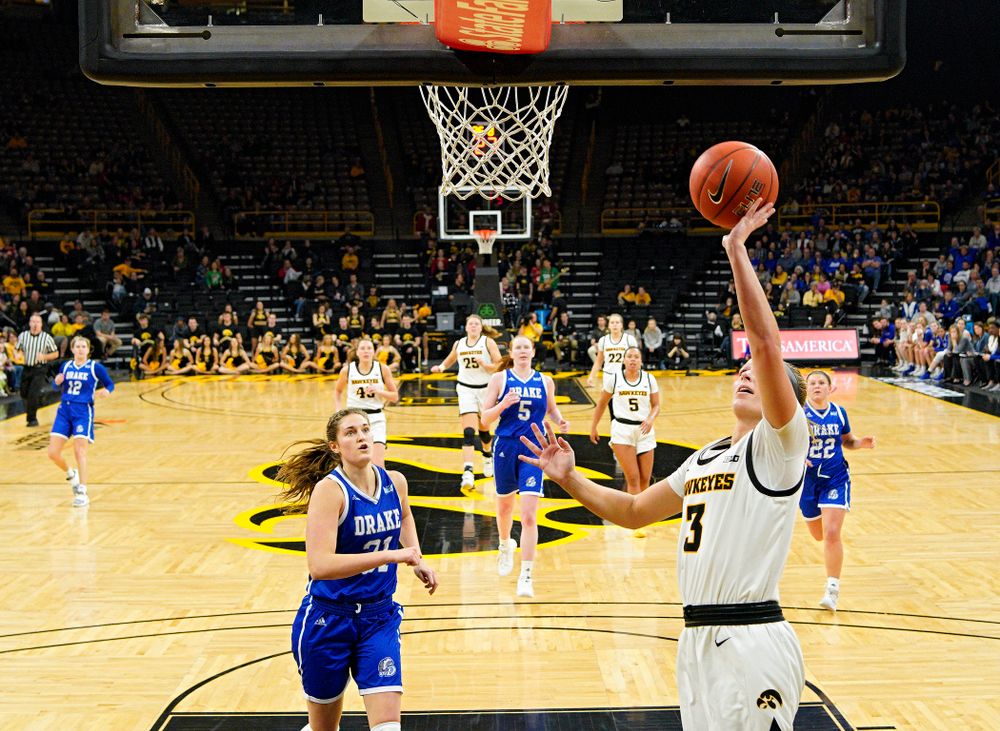 Iowa Hawkeyes guard Makenzie Meyer (3) scores a basket during the third quarter of their game at Carver-Hawkeye Arena in Iowa City on Saturday, December 21, 2019. (Stephen Mally/hawkeyesports.com)