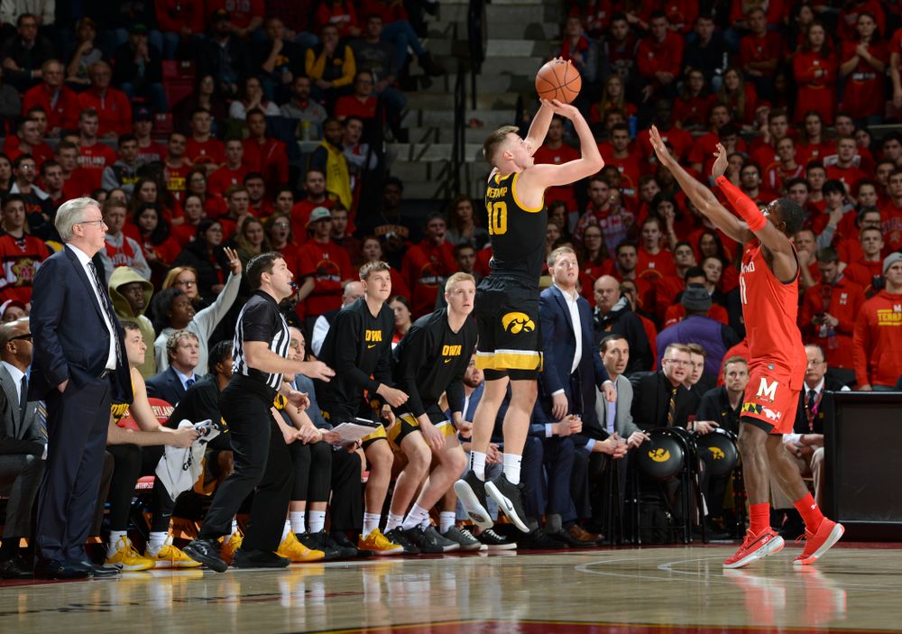 Iowa Hawkeyes guard Joe Wieskamp (10) puts up a shot during their game at the Xfinity Center in College Park, MD on Thursday, January 30, 2020. (University of Maryland Athletics)
