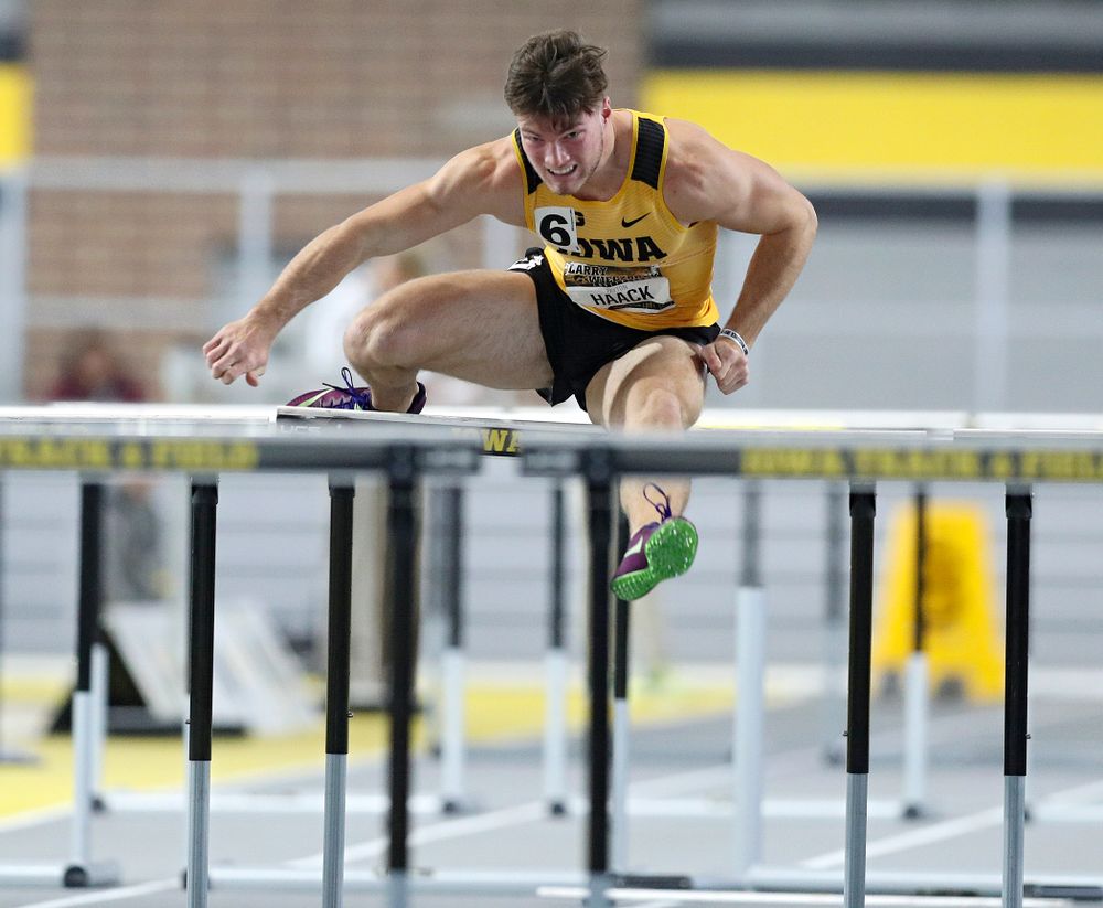 Iowa’s Peyton Haack runs the men’s 60 meter hurdles premier preliminary event during the Larry Wieczorek Invitational at the Recreation Building in Iowa City on Saturday, January 18, 2020. (Stephen Mally/hawkeyesports.com)