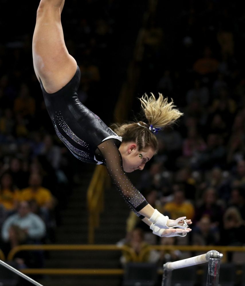 Iowa’s Alex Greenwald competes on the bars against Michigan State Saturday, February 1, 2020 at Carver-Hawkeye Arena. (Brian Ray/hawkeyesports.com)