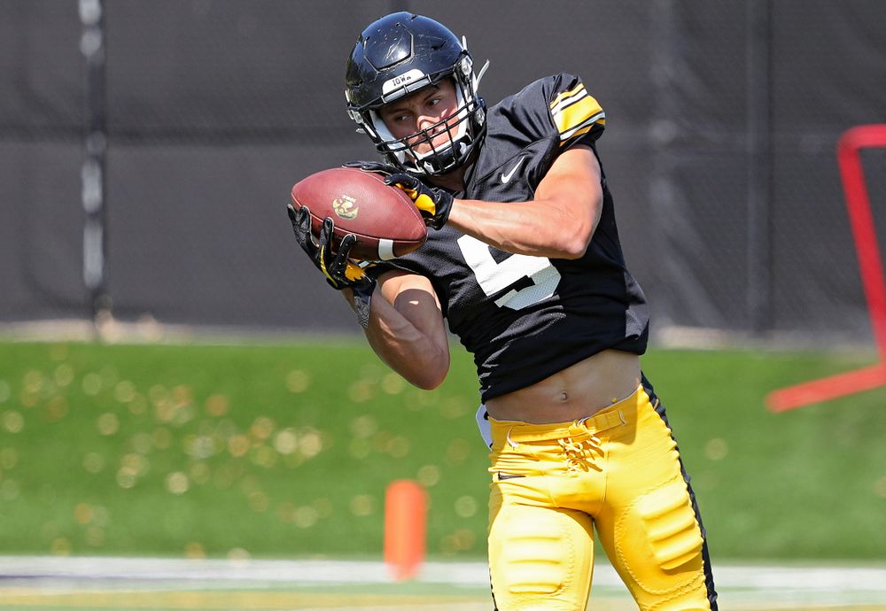 Iowa Hawkeyes wide receiver Oliver Martin (5) eyes the ball during Fall Camp Practice #5 at the Hansen Football Performance Center in Iowa City on Tuesday, Aug 6, 2019. (Stephen Mally/hawkeyesports.com)