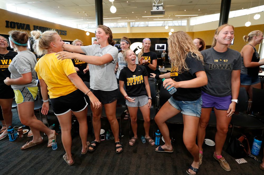 The Iowa Hawkeyes celebrate after receiving an at large bid to the 2018 NCAA Rowing Championships Tuesday, May 15, 2018 at Carver-Hawkeye Arena. The 22 team field will compete May 25-27 in Sarasota, Florida. (Brian Ray/hawkeyesports.com)