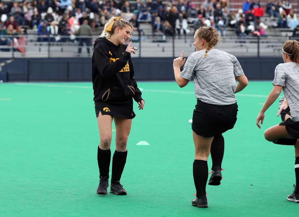 Iowa Hawkeyes Katie Birch (11) and Ellie Holley (7) warm up for their game against Penn State in the 2019 Big Ten Field Hockey Tournament Championship Game Sunday, November 10, 2019 in State College. (Brian Ray/hawkeyesports.com)