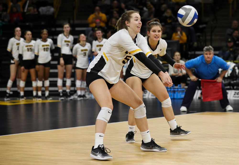 Iowa Hawkeyes outside hitter Meghan Buzzerio (5) bumps the ball during a match against Maryland at Carver-Hawkeye Arena on November 23, 2018. (Tork Mason/hawkeyesports.com)