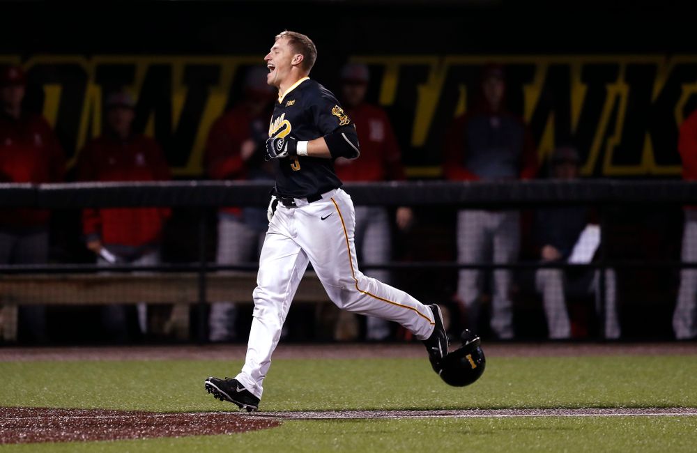 Iowa Hawkeyes catcher Tyler Cropley (5) hits a walk off grand slam against the Bradley Braves Wednesday, March 28, 2018 at Duane Banks Field. (Brian Ray/hawkeyesports.com)