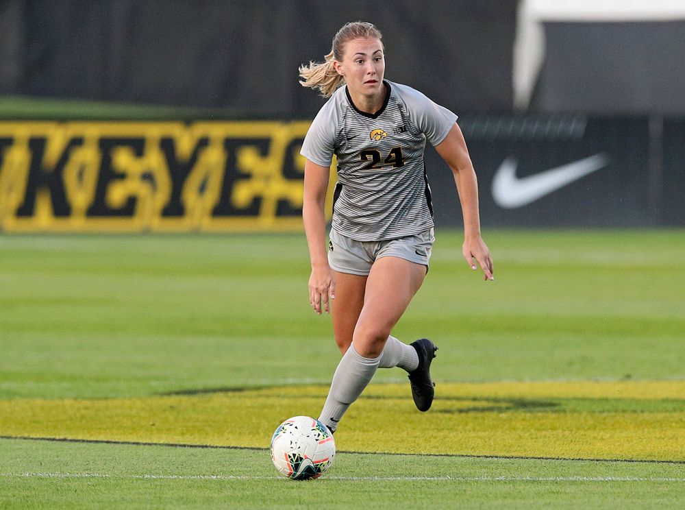 Iowa defender Sara Wheaton (24) looks to pass during the first half of their match at the Iowa Soccer Complex in Iowa City on Friday, Sep 13, 2019. (Stephen Mally/hawkeyesports.com)