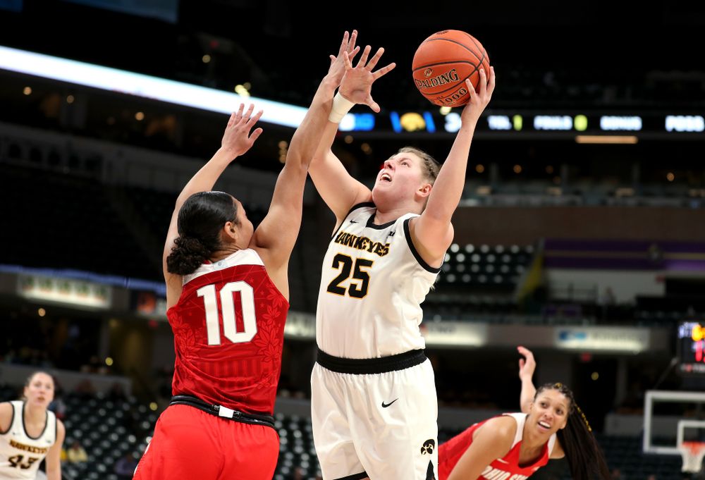 Iowa Hawkeyes forward/center Monika Czinano (25) against Ohio State in the quarterfinals of the Big Ten Basketball Tournament Friday, March 6, 2020 at Bankers Life Fieldhouse in Indianapolis. (Brian Ray/hawkeyesports.com)
