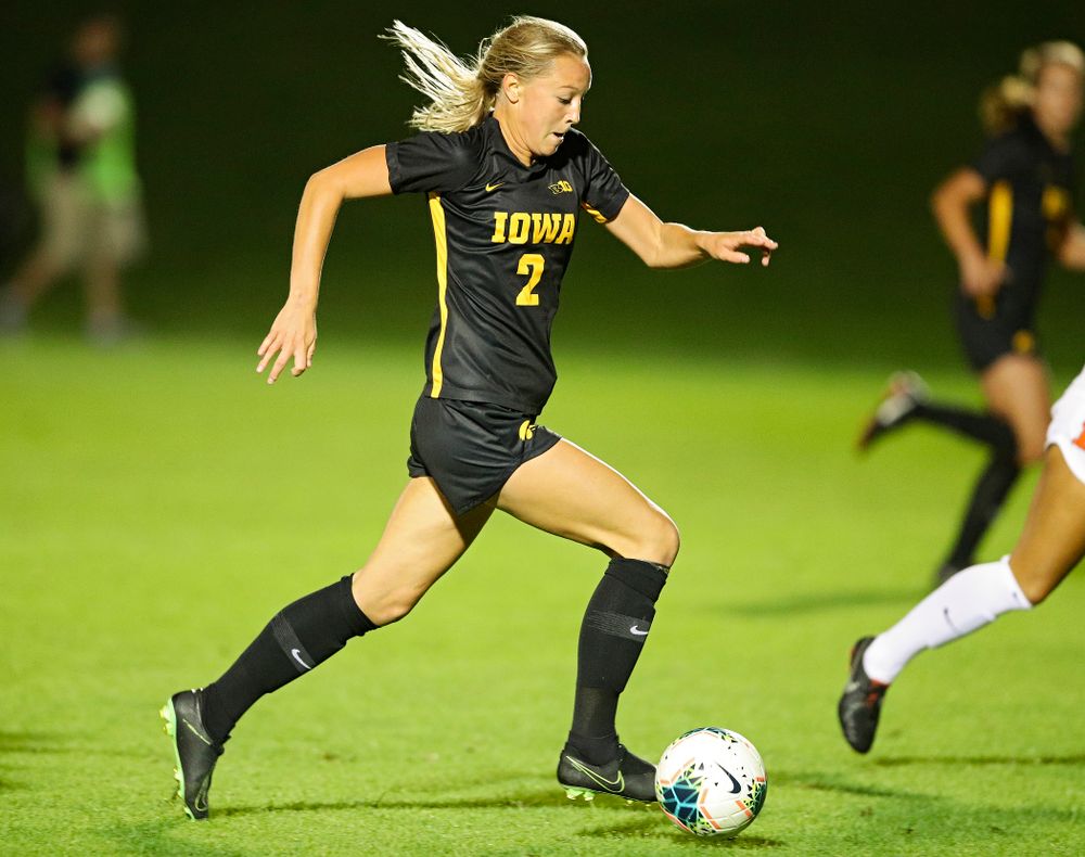 Iowa midfielder Hailey Rydberg (2) moves with the ball during the second half of their match against Illinois at the Iowa Soccer Complex in Iowa City on Thursday, Sep 26, 2019. (Stephen Mally/hawkeyesports.com)