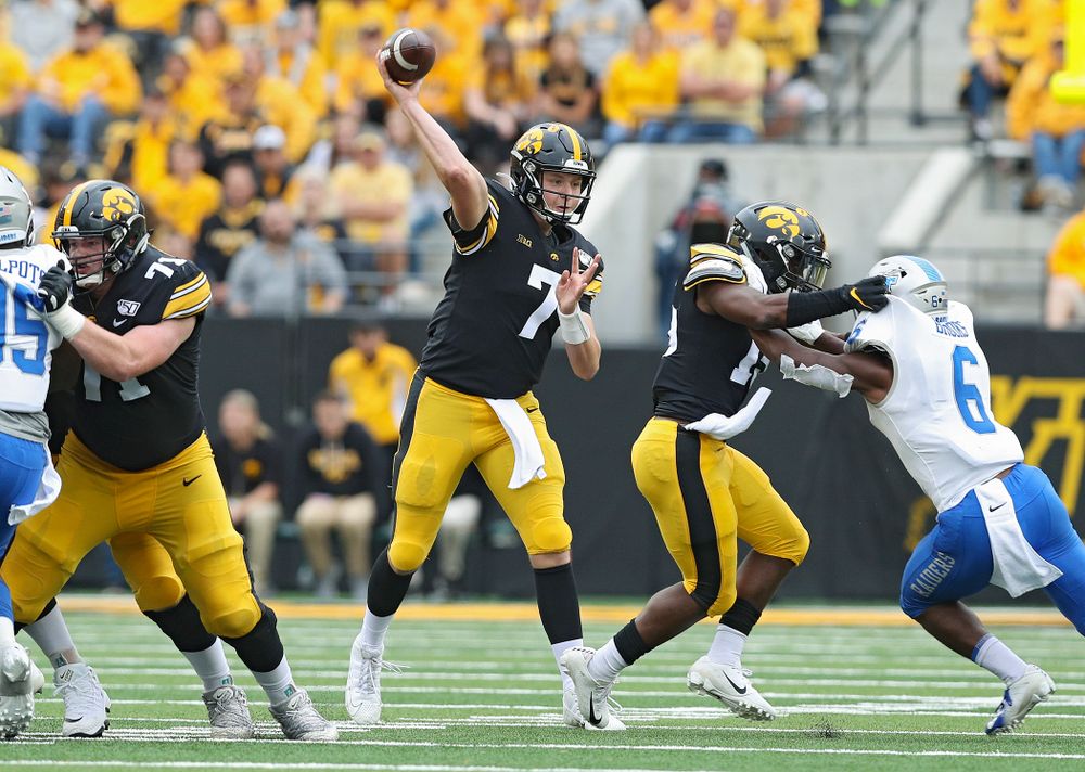 Iowa Hawkeyes quarterback Spencer Petras (7) throws a pass during fourth quarter of their game at Kinnick Stadium in Iowa City on Saturday, Sep 28, 2019. (Stephen Mally/hawkeyesports.com)