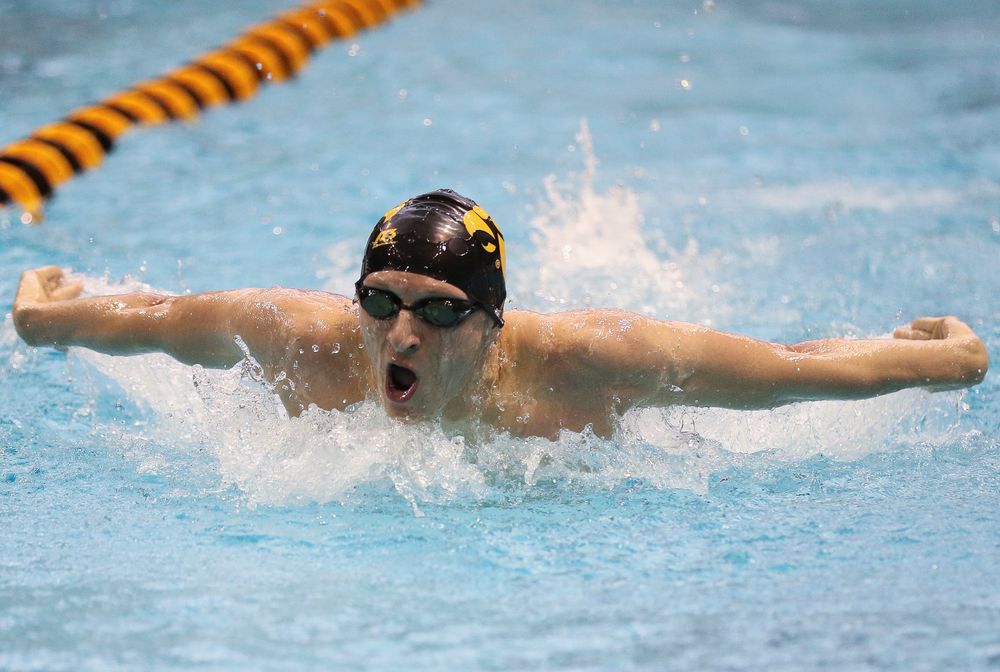 Iowa's Jackson Kuhlers competes in the 200-yard butterfly during the third day of the Hawkeye Invitational at the Campus Recreation and Wellness Center on November 17, 2018. (Tork Mason/hawkeyesports.com)
