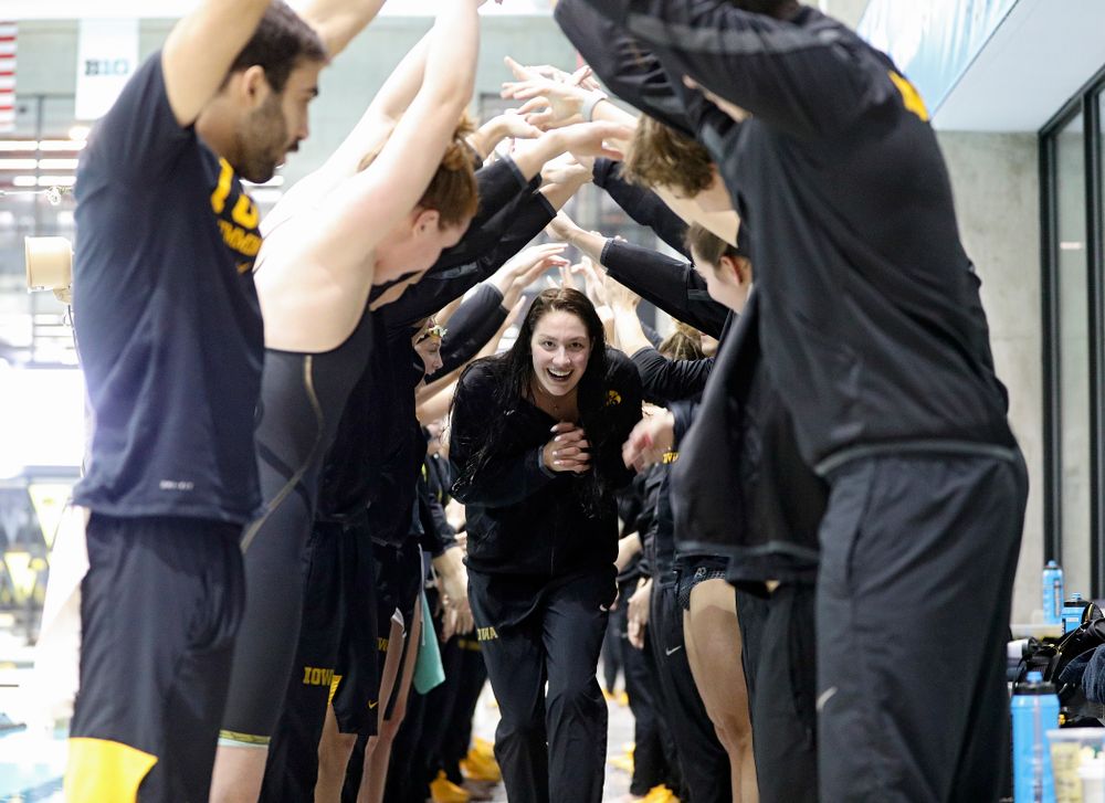 Iowa’s Hannah Burvill is honored on senior day before their meet at the Campus Recreation and Wellness Center in Iowa City on Friday, February 7, 2020. (Stephen Mally/hawkeyesports.com)