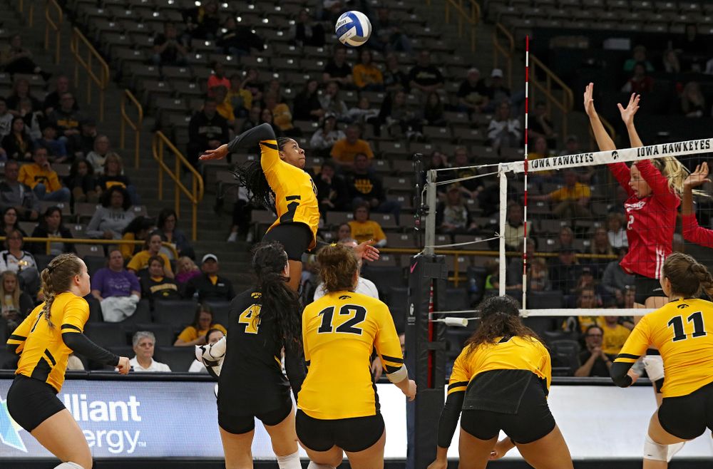 Iowa’s Griere Hughes (10) gets up for a kill during their match at Carver-Hawkeye Arena in Iowa City on Sunday, Oct 20, 2019. (Stephen Mally/hawkeyesports.com)