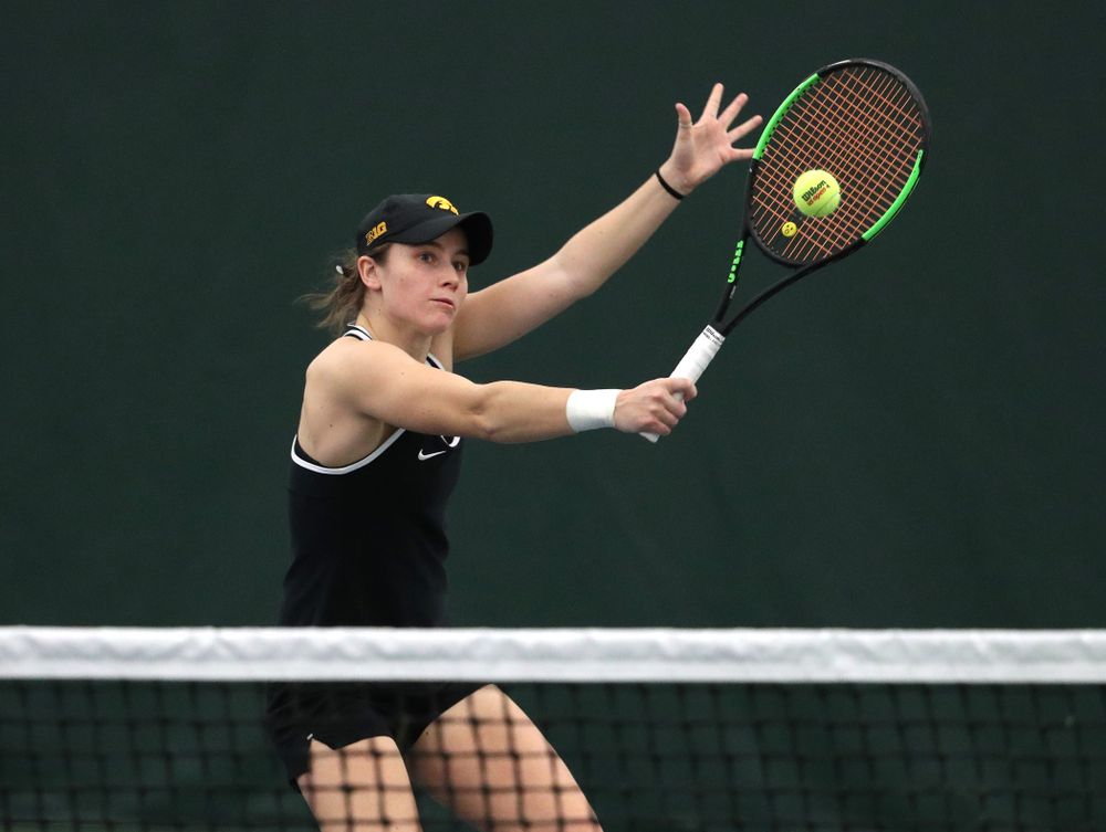 Iowa's Samantha Mannix and Elise Van Heuvelen Treadwell play a doubles match against the Penn State Nittany Lions Sunday, February 24, 2019 at the Hawkeye Tennis and Recreation Complex. (Brian Ray/hawkeyesports.com)