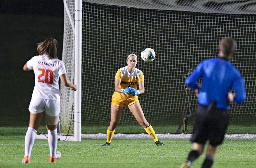 Iowa goalkeeper Claire Graves (1) eyes a shot as it comes in during the second half of their match against Illinois at the Iowa Soccer Complex in Iowa City on Thursday, Sep 26, 2019. (Stephen Mally/hawkeyesports.com)