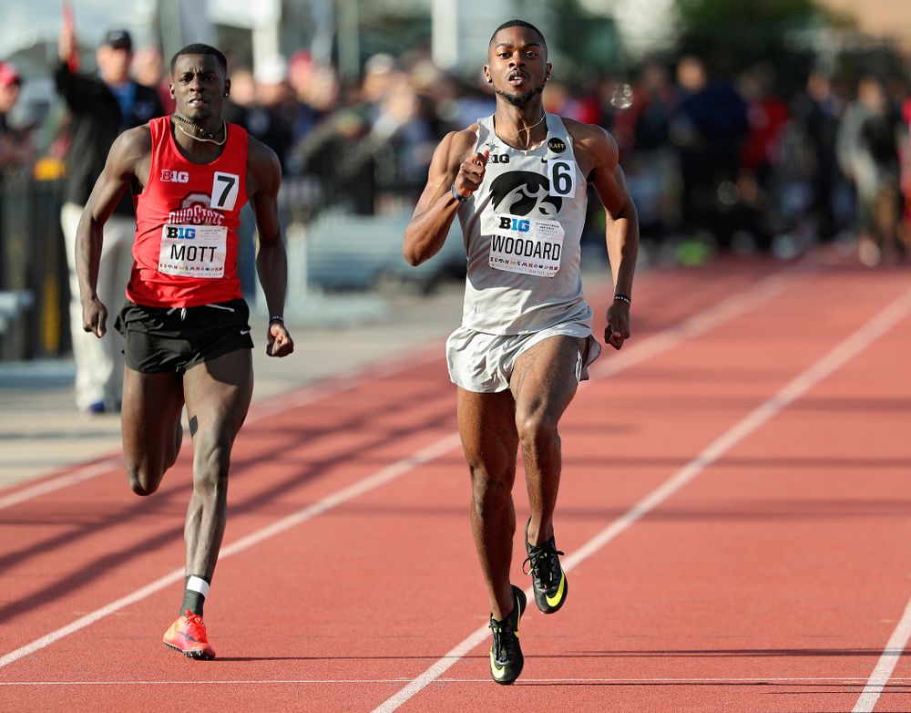 Iowa's Antonio Woodard runs the men’s 200 meter dash event on the first day of the Big Ten Outdoor Track and Field Championships at Francis X. Cretzmeyer Track in Iowa City on Friday, May. 10, 2019. (Stephen Mally/hawkeyesports.com)