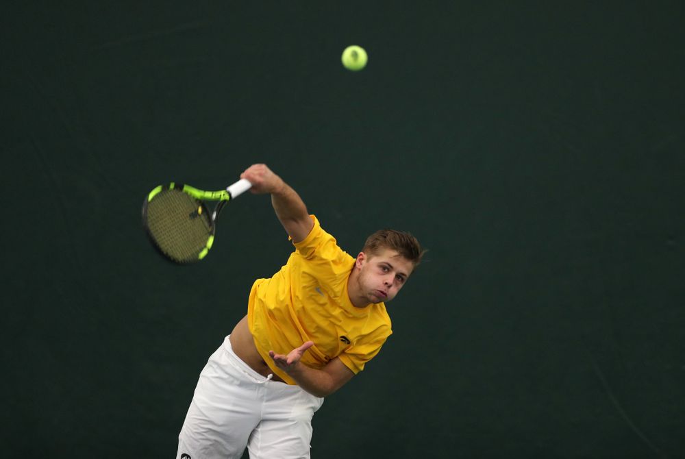 Will Davies against Utah Sunday, February 10, 2019 at the Hawkeye Tennis and Recreation Complex. (Brian Ray/hawkeyesports.com)