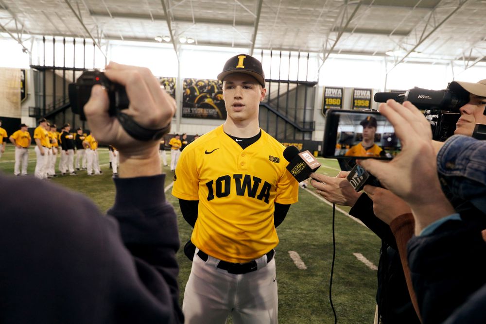 Iowa Hawkeyes Jack Dreyer (33) answers questions from reporters during their annual media day Thursday, February 6, 2020 at the Indoor Practice Facility. (Brian Ray/hawkeyesports.com)