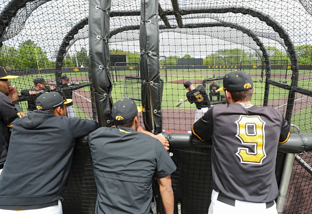 Iowa’s Zeb Adreon takes batting practice at Duane Banks Field in Iowa City on Monday, May 20, 2019. (Stephen Mally/hawkeyesports.com)