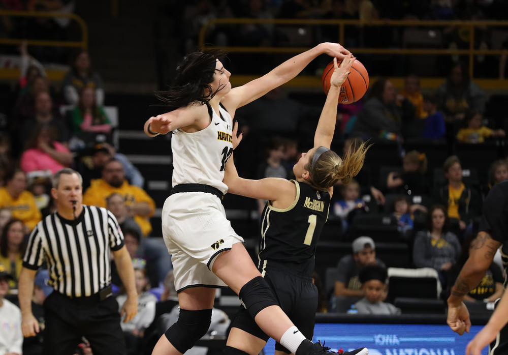 Iowa Hawkeyes forward Megan Gustafson (10) blocks a shot against the Purdue Boilermakers Sunday, January 27, 2019 at Carver-Hawkeye Arena. (Brian Ray/hawkeyesports.com)