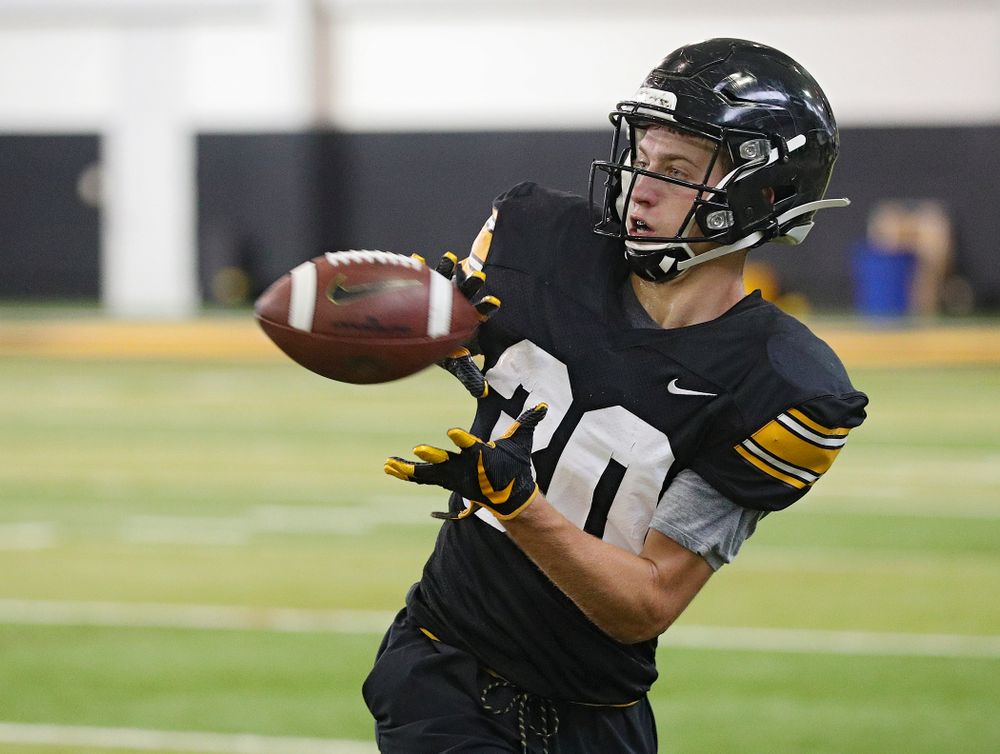 Iowa Hawkeyes defensive back Quinn Schulte (30) pulls in a pass during Fall Camp Practice No. 9 at the Hansen Football Performance Center in Iowa City on Monday, Aug 12, 2019. (Stephen Mally/hawkeyesports.com)