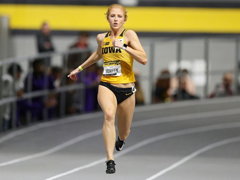 Iowa’s Kylie Morken runs the women’s 300 meter dash event during the Jimmy Grant Invitational at the Recreation Building in Iowa City on Saturday, December 14, 2019. (Stephen Mally/hawkeyesports.com)