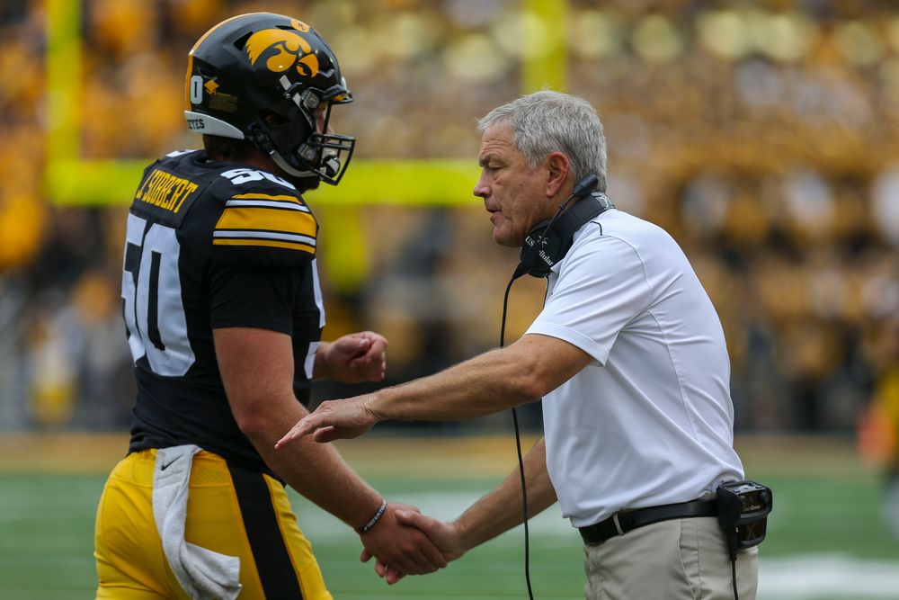 Iowa Hawkeyes long snapper Jackson Subbert (50) and Iowa Hawkeyes head coach Kirk Ferentz against Middle Tennessee Saturday, September 28, 2019 at Kinnick Stadium. (Lily Smith/hawkeyesports.com)