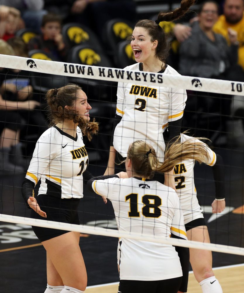 Iowa Hawkeyes middle blocker Blythe Rients (11), setter Courtney Buzzerio (2), and middle blocker Hannah Clayton (18) against Penn State Friday, November 1, 2019 at Carver Hawkeye Arena. (Brian Ray/hawkeyesports.com)