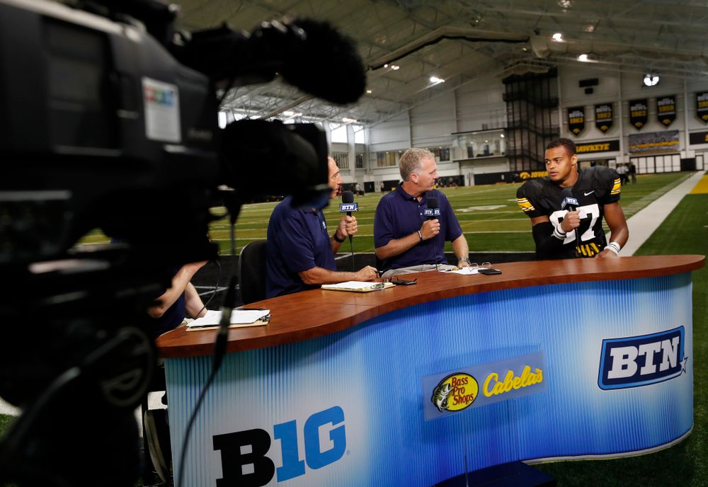 Iowa Hawkeyes tight end Noah Fant (87) on the Big Ten Network set Monday, August 20, 2018 at the Hansen Football Performance Center. (Brian Ray/hawkeyesports.com)