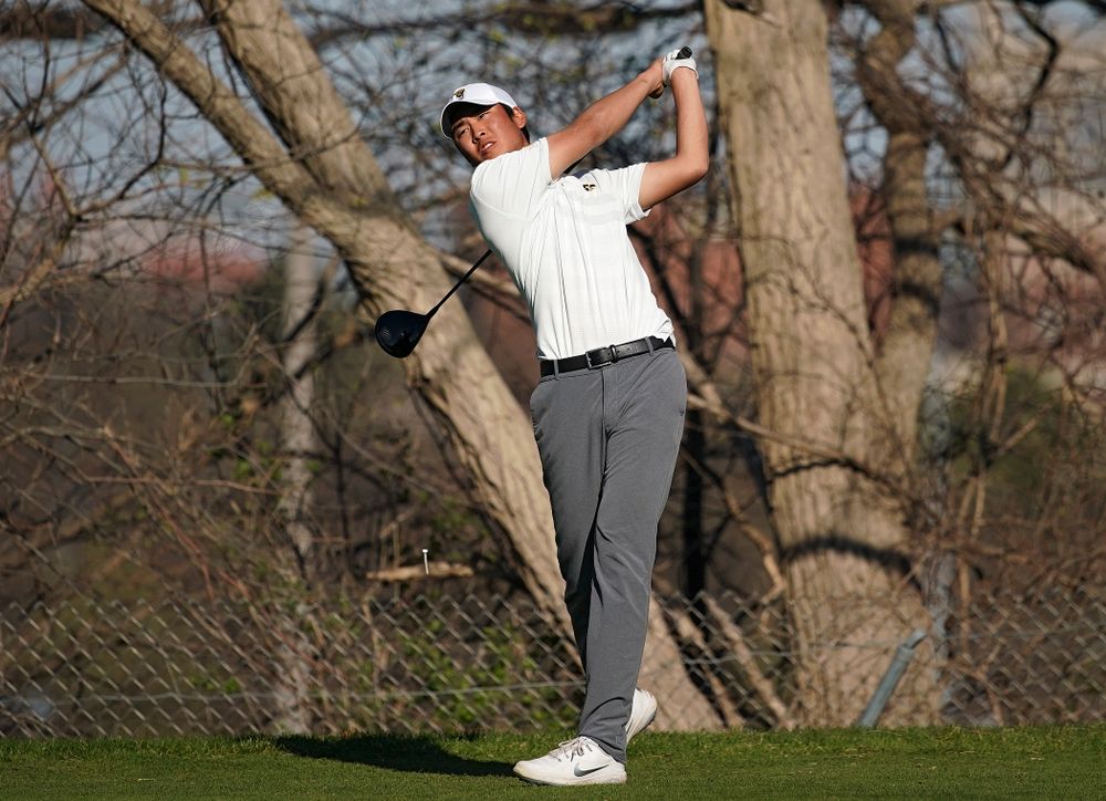 Iowa's Joe Kim tees off during the second round of the Hawkeye Invitational at Finkbine Golf Course in Iowa City on Saturday, Apr. 20, 2019. (Stephen Mally/hawkeyesports.com)
