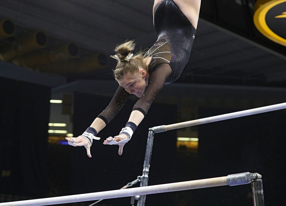 Iowa’s Allyson Steffensmeier competes on the bars during their meet at Carver-Hawkeye Arena in Iowa City on Sunday, March 8, 2020. (Stephen Mally/hawkeyesports.com)