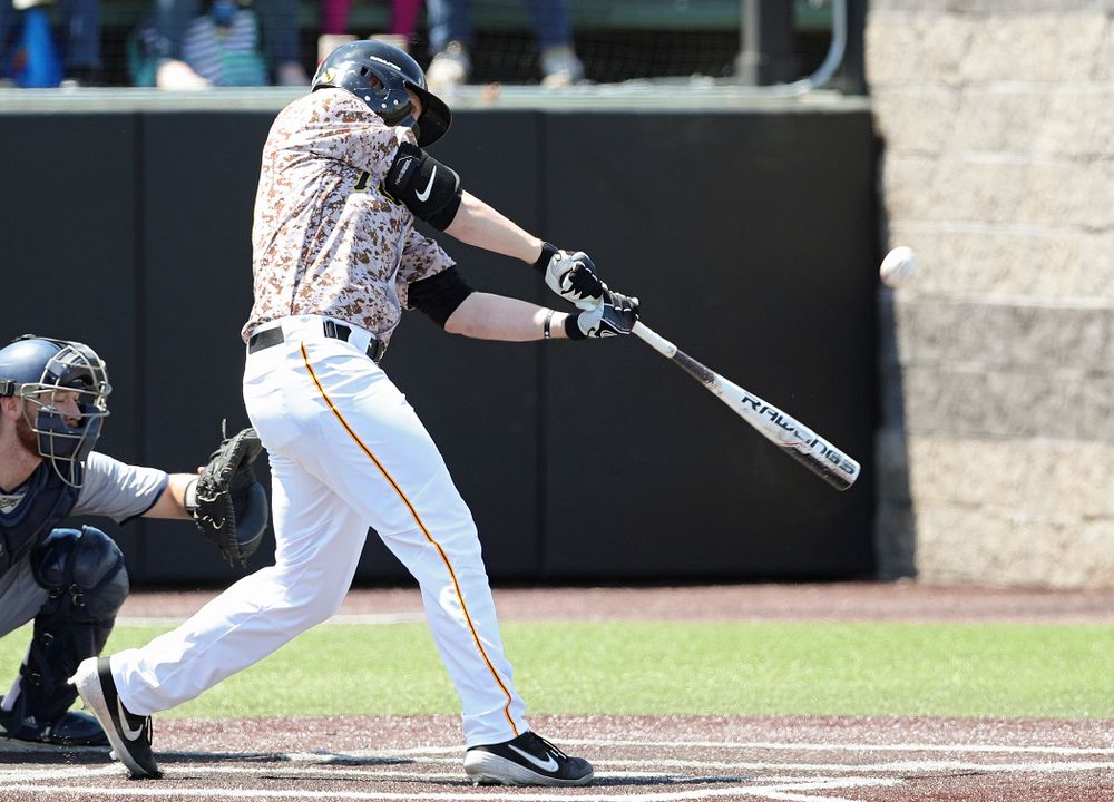 Iowa Hawkeyes right fielder Zeb Adreon (5) bats during the first inning of their game against UC Irvine at Duane Banks Field in Iowa City on Sunday, May. 5, 2019. (Stephen Mally/hawkeyesports.com)