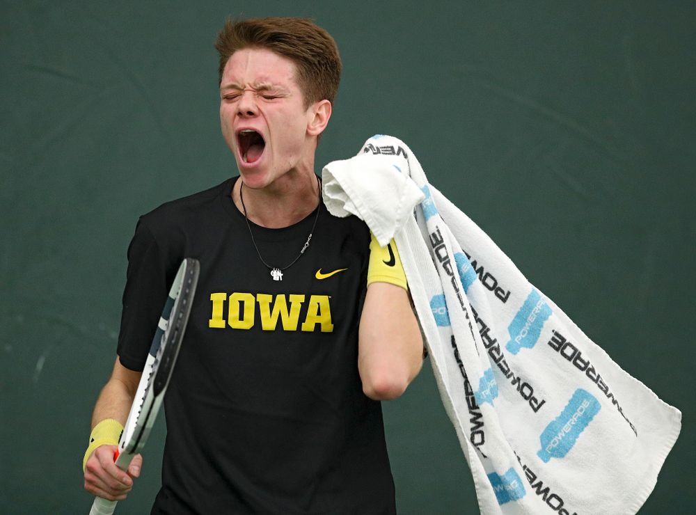 Iowa’s Jason Kerst celebrates a point during their match at the Hawkeye Tennis and Recreation Complex in Iowa City on Thursday, January 16, 2020. (Stephen Mally/hawkeyesports.com)
