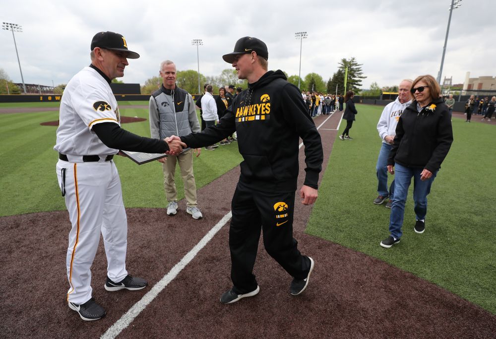 Student Manager  T.J. Feldman during senior day festivities before their game against Michigan State Sunday, May 12, 2019 at Duane Banks Field. (Brian Ray/hawkeyesports.com)