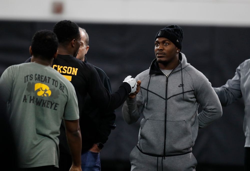 Iowa Hawkeyes defensive back Joshua Jackson (15) and former defensive back Desmond King during the team's annual pro day Monday, March 26, 2018 at the Hansen Football Performance Center. (Brian Ray/hawkeyesports.com)