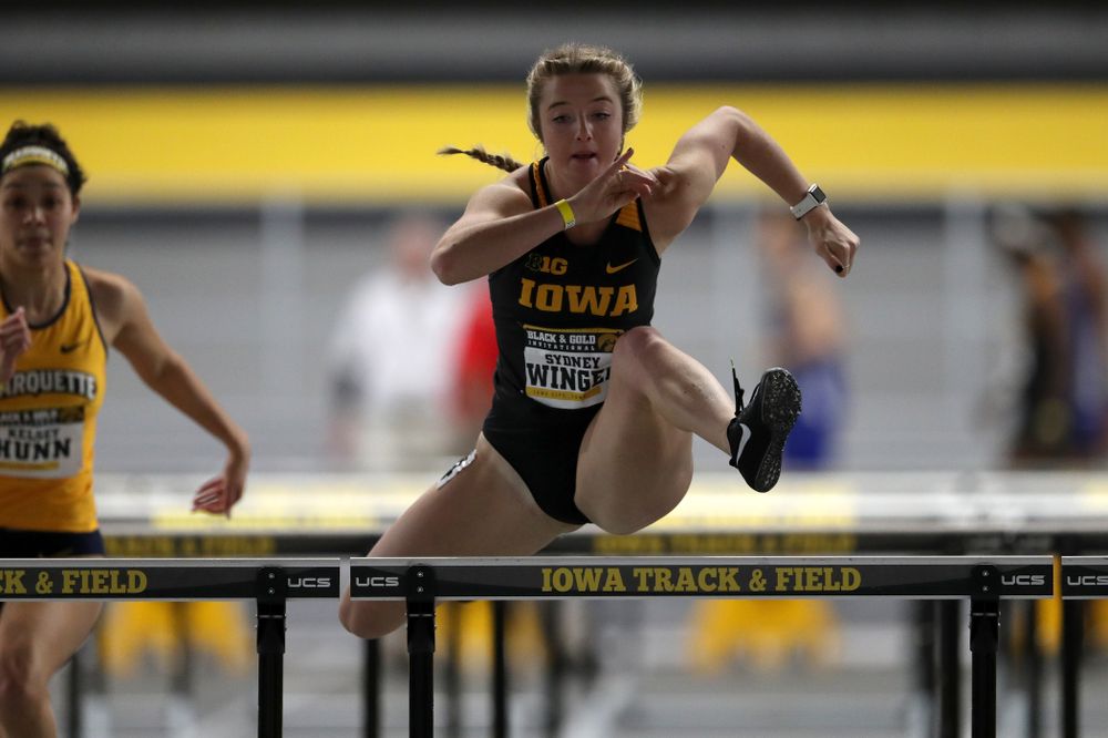 Iowa's Sydney Winger competes in the 60-meter hurdles during the Black and Gold Premier meet Saturday, January 26, 2019 at the Recreation Building. (Brian Ray/hawkeyesports.com)