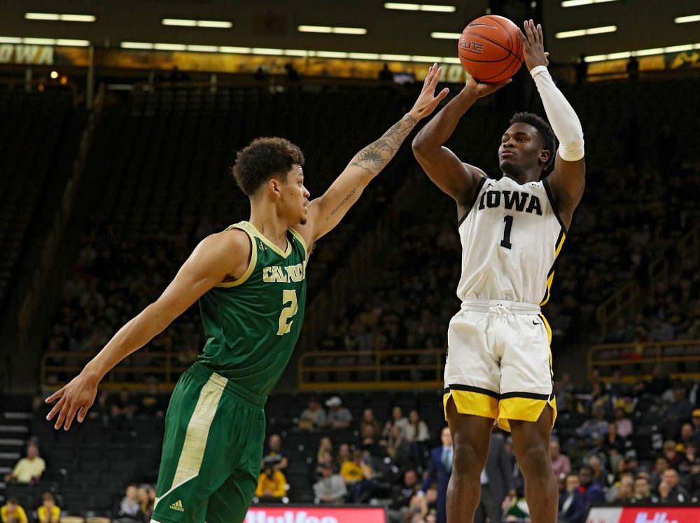 Iowa Hawkeyes guard Joe Toussaint (1) puts up a shot during the second half of their game at Carver-Hawkeye Arena in Iowa City on Sunday, Nov 24, 2019. (Stephen Mally/hawkeyesports.com)