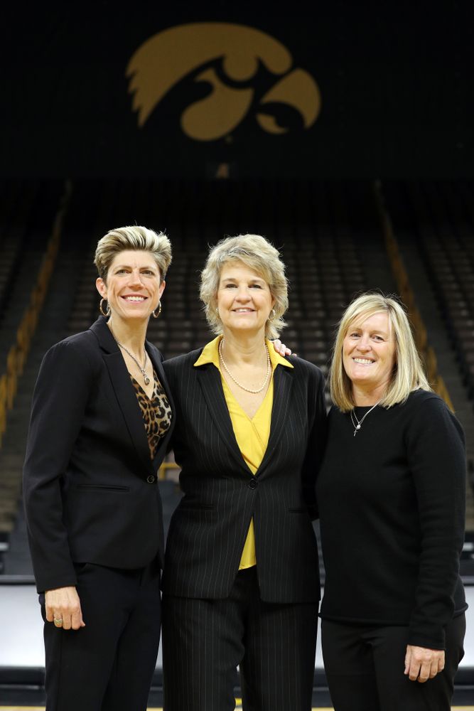 Iowa Hawkeyes associate head coach Jan Jensen, head coach Lisa Bluder, and special assistant to the Head Coach Jenni Fitzgerald during the teamÕs annual media day Thursday, October 24, 2019 at Carver-Hawkeye Arena. (Brian Ray/hawkeyesports.com)