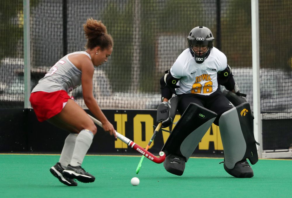 Iowa Hawkeyes goaltender Leslie Speight (96) during a 2-1 victory against the Ohio State Buckeyes Friday, September 27, 2019 at Grant Field. (Brian Ray/hawkeyesports.com)