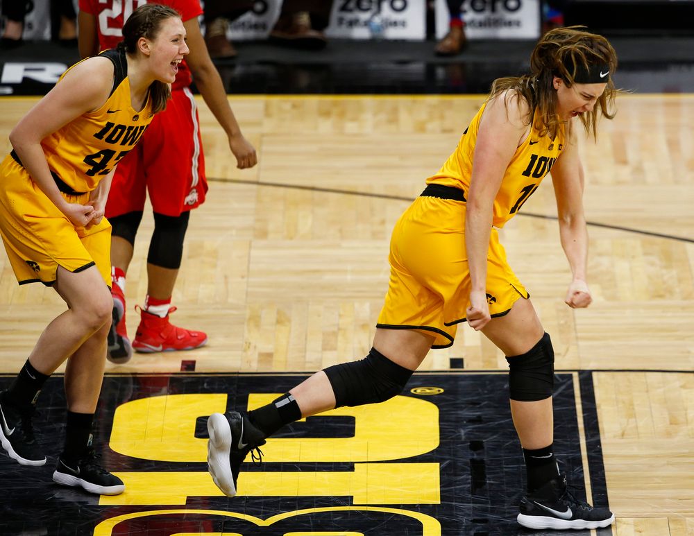 Iowa Hawkeyes forward Megan Gustafson (10) reacts after a made basket and foul during a game against the Ohio State Buckeyes at Carver-Hawkeye Arena on January 25, 2018. (Tork Mason/hawkeyesports.com)